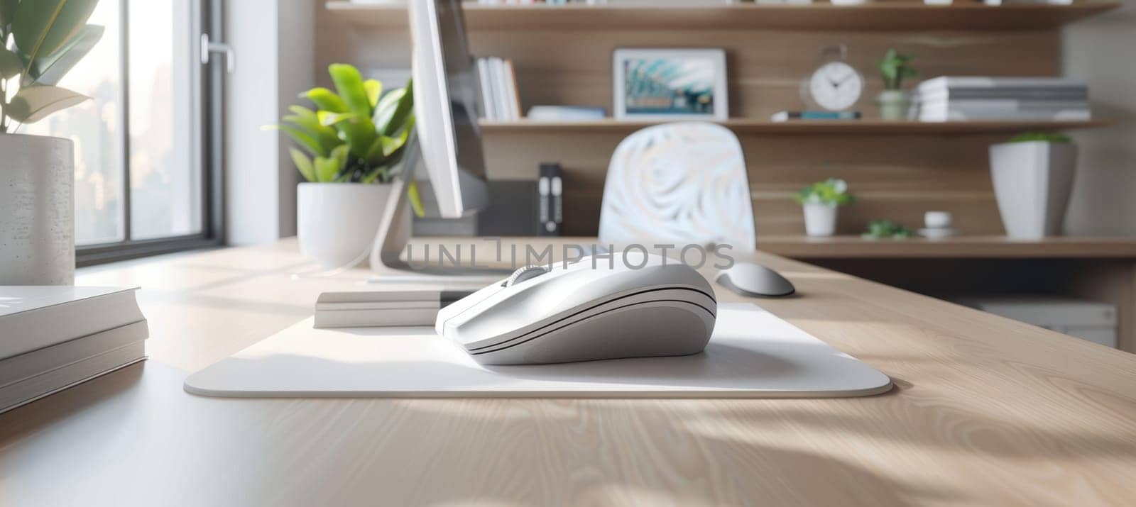 Ergonomic office supplies, including a mouse and keyboard, on a minimalist desk. a bright, modern workspace with plants and shelves in the background enhances a sense of organized, comfortable productivity.