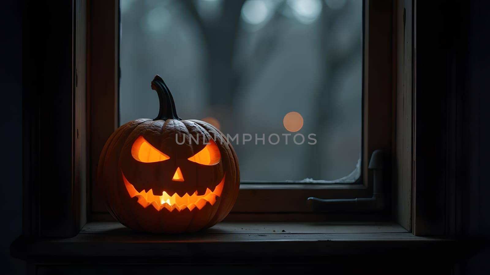 halloween pumpkin with scary face on the window, generative ai. High quality photo