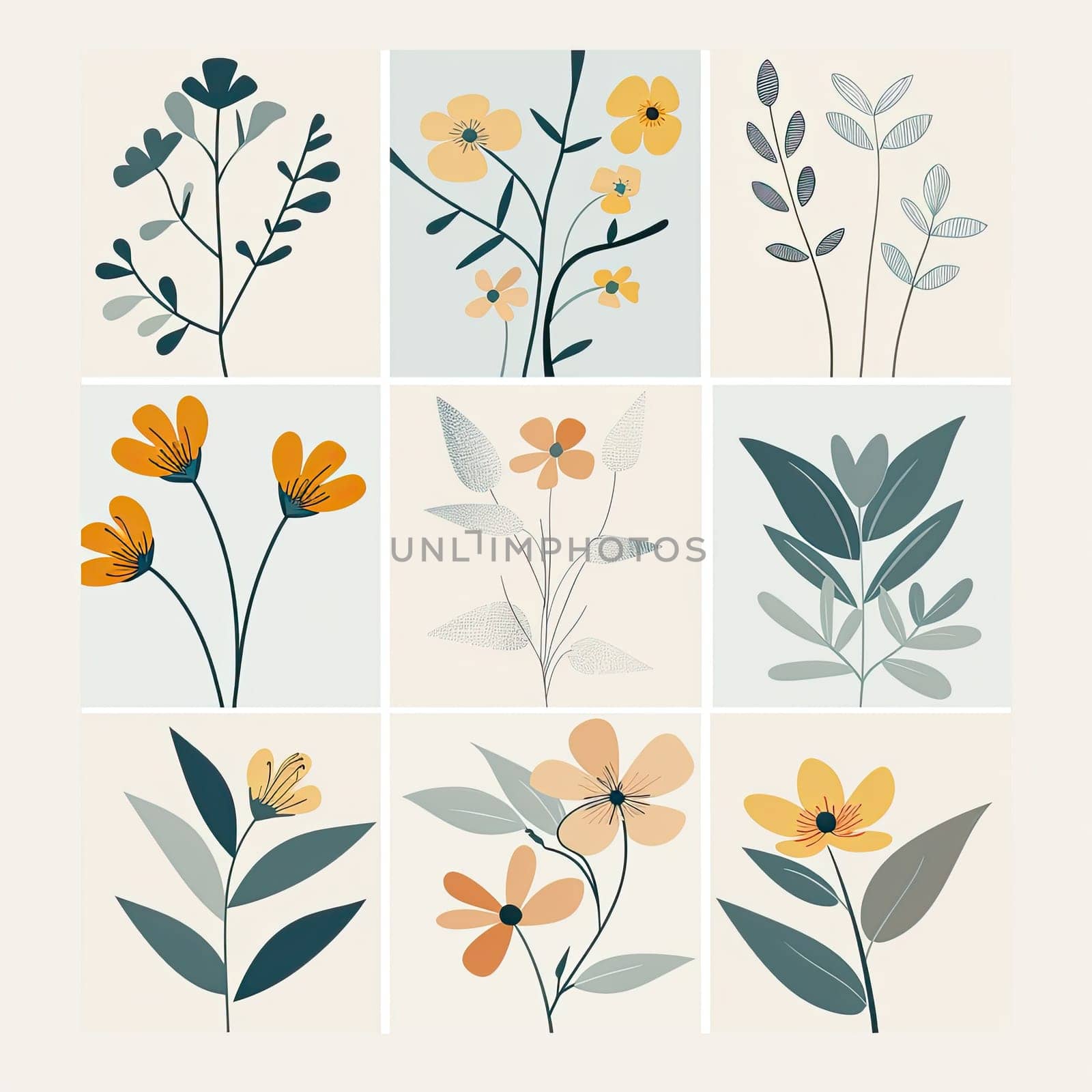 This artwork features a colorful arrangement of various hand-drawn flowers and leaves, showcasing artistic interpretations of nature in a grid layout with soft pastel shades.