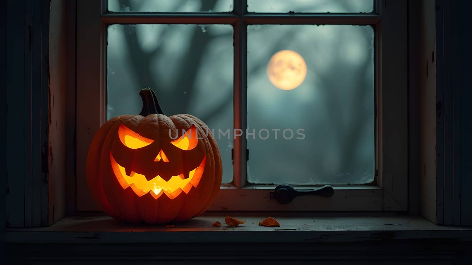 halloween pumpkin with scary face on the window, generative ai. High quality photo