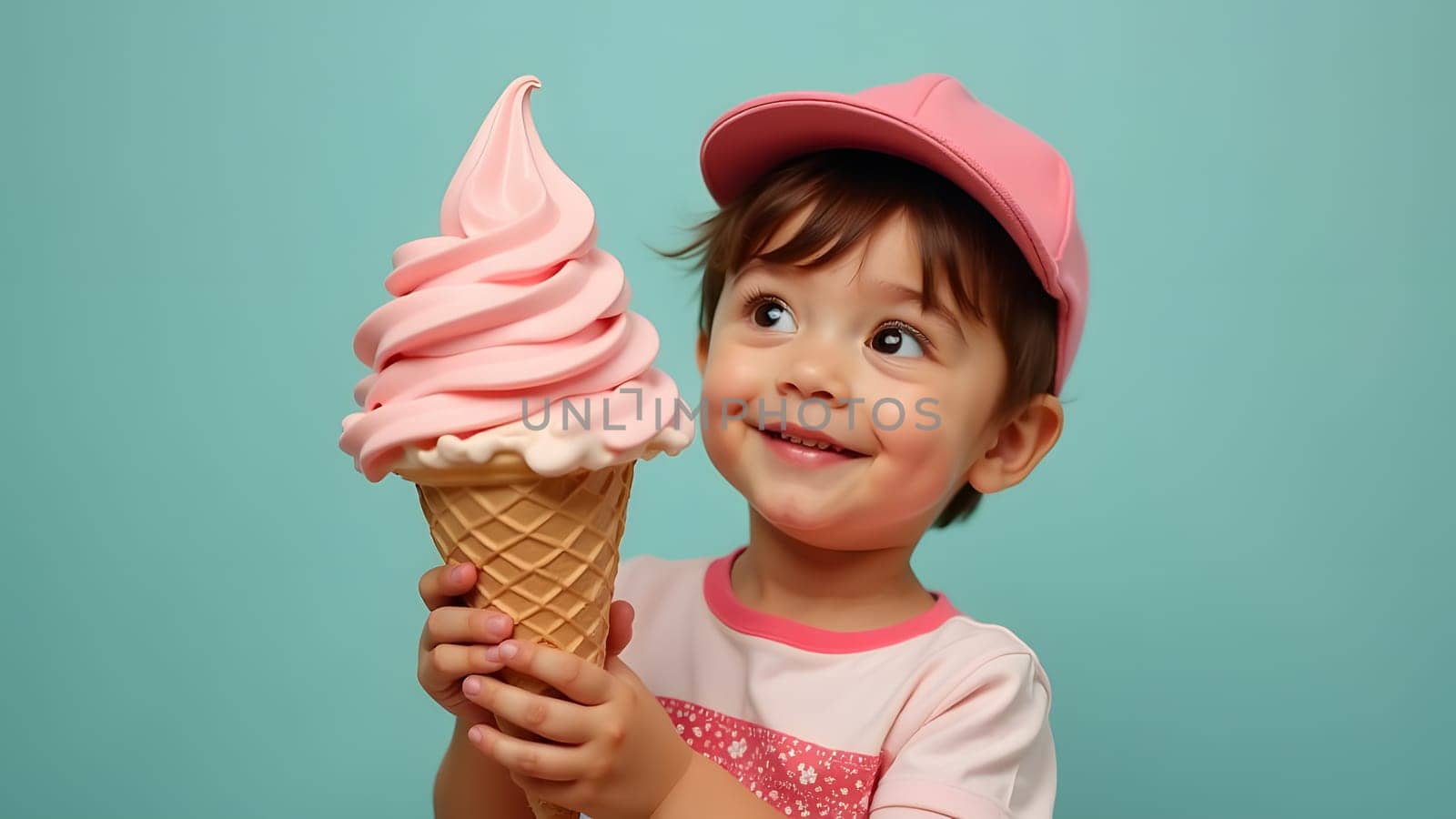 happy small boy with huge ice cream cone, generative ai. High quality photo