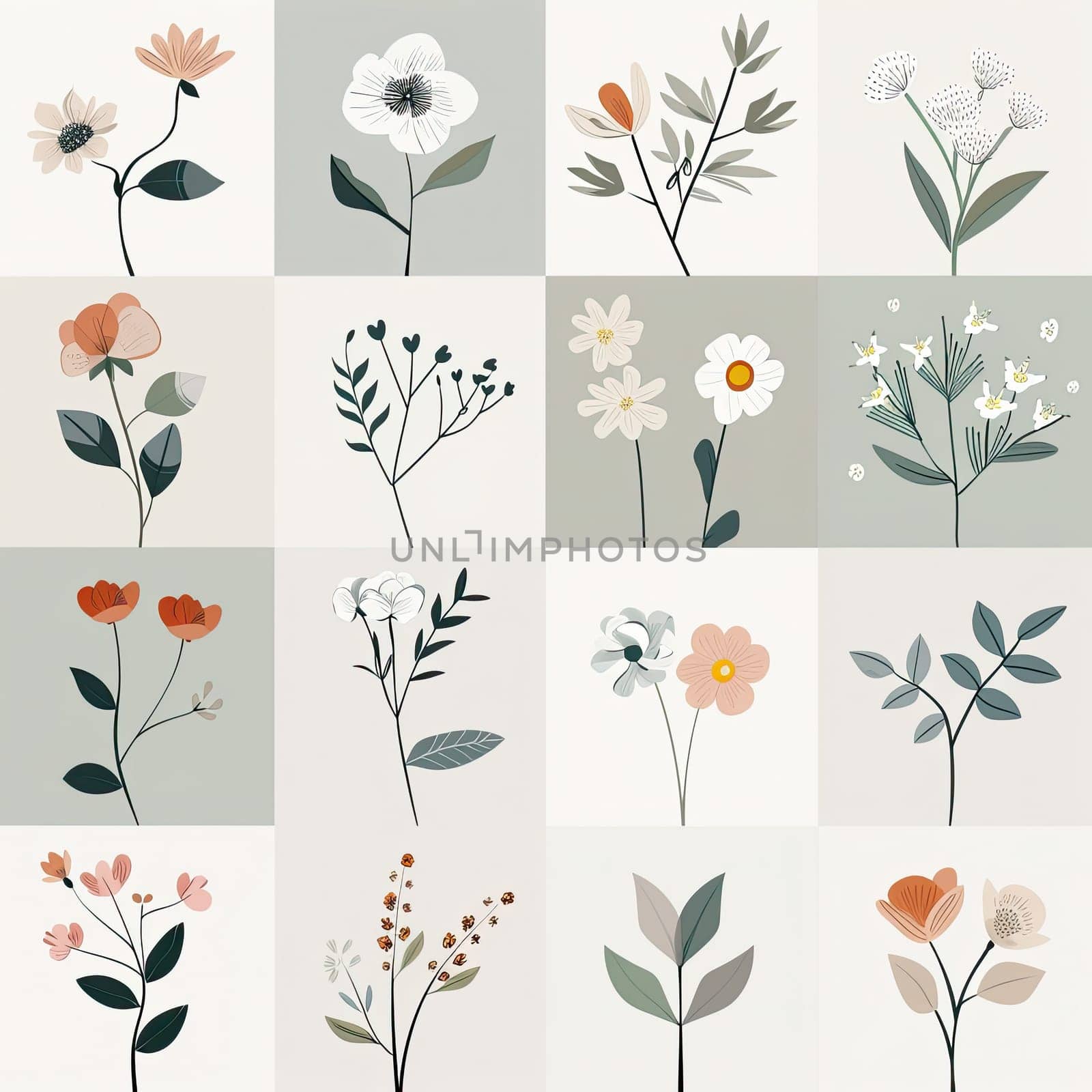 A collection of artistic floral patterns featuring diverse flowers and leaves arranged in a grid. The muted color palette creates a calming aesthetic, ideal for home decoration.