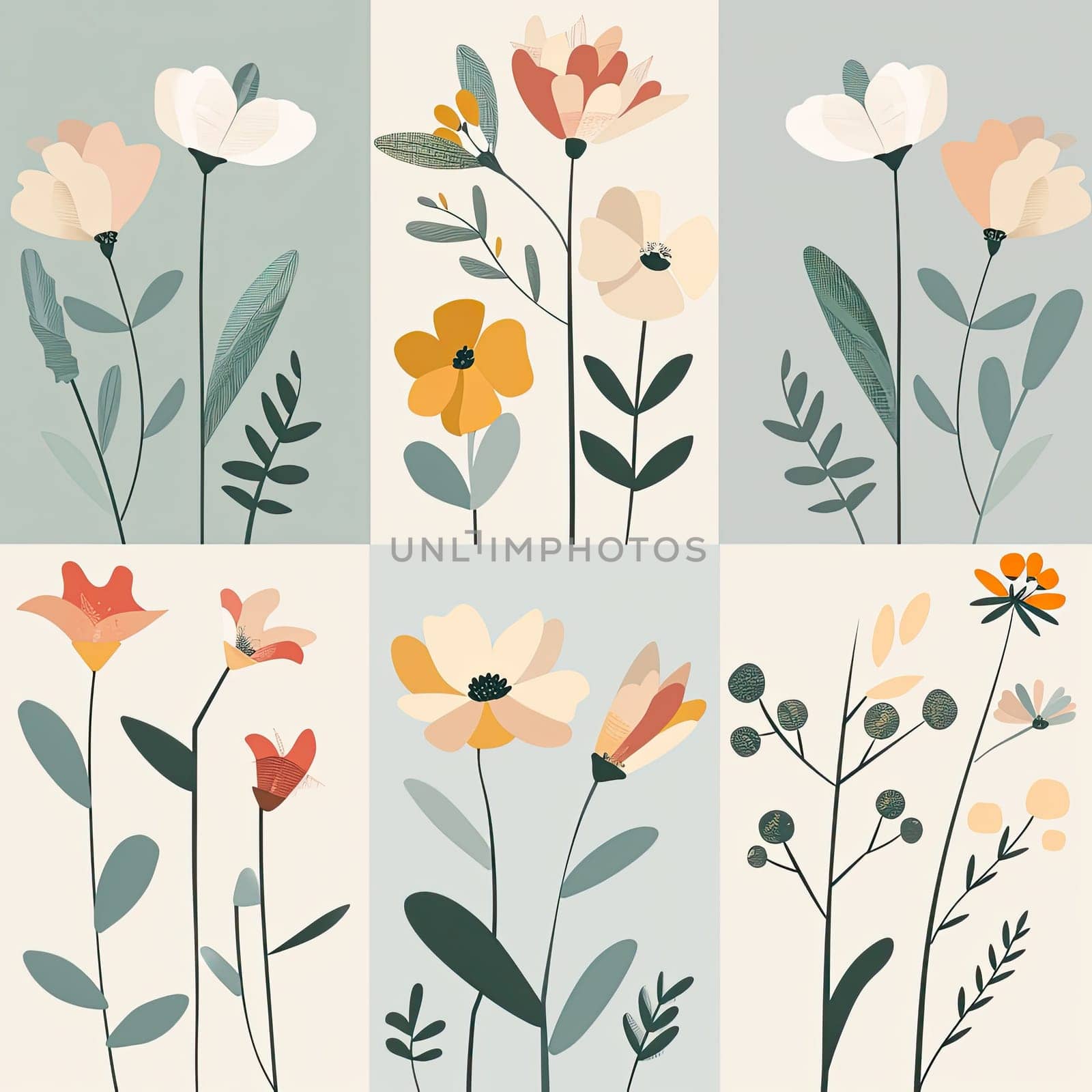 A vibrant collection of floral illustrations showcases different types of flowers and leaves, beautifully arranged with various colors and shapes against a soft backdrop.