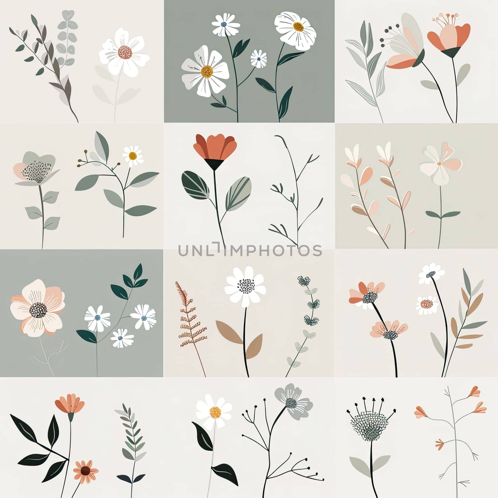 A diverse arrangement of stylized floral illustrations showcases various types of flowers and leaves, creating a harmonious and modern aesthetic perfect for decor.