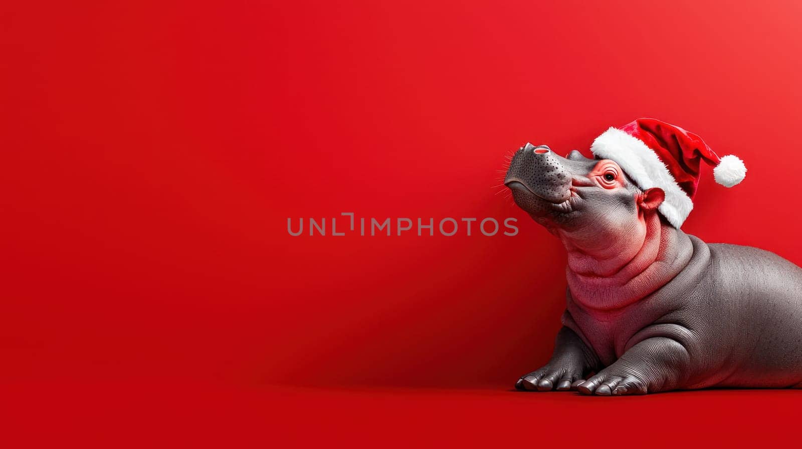 Festive pygmy hippo wearing Santa hat against vibrant red background.