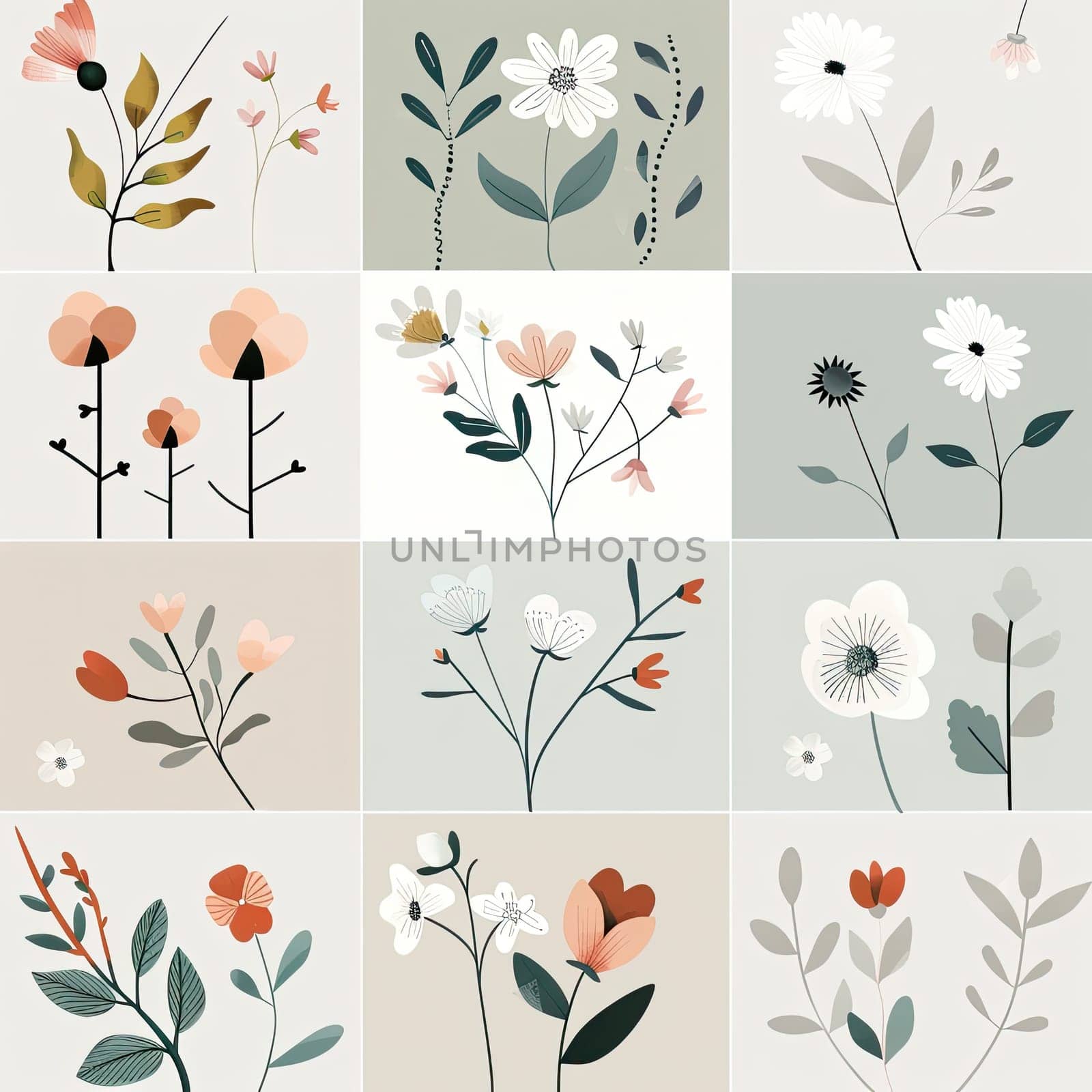 A grid layout features various flowers and plants, with a mix of colors and styles. The artwork highlights delicate floral designs on soft, neutral backgrounds, creating a harmonious look.