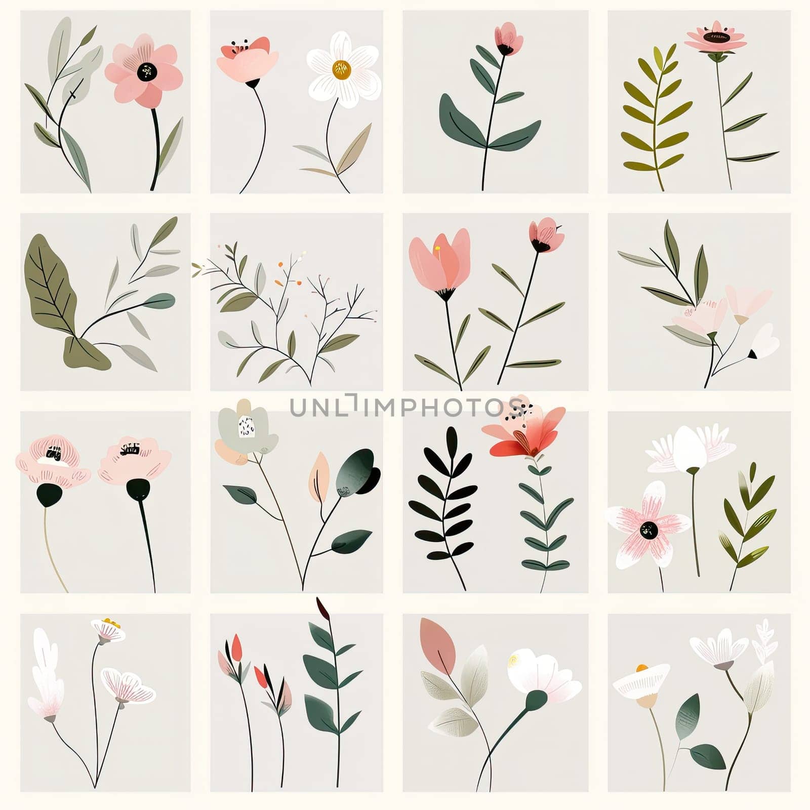 This artwork features a grid layout of various floral patterns, highlighting different flowers and plants in soft, pastel colors against a subtle background, ideal for decoration.
