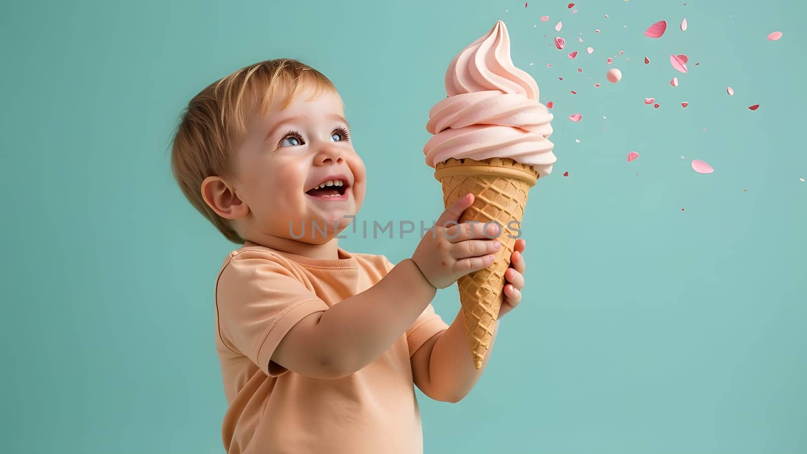 happy small boy with huge ice cream cone, generative ai. High quality photo
