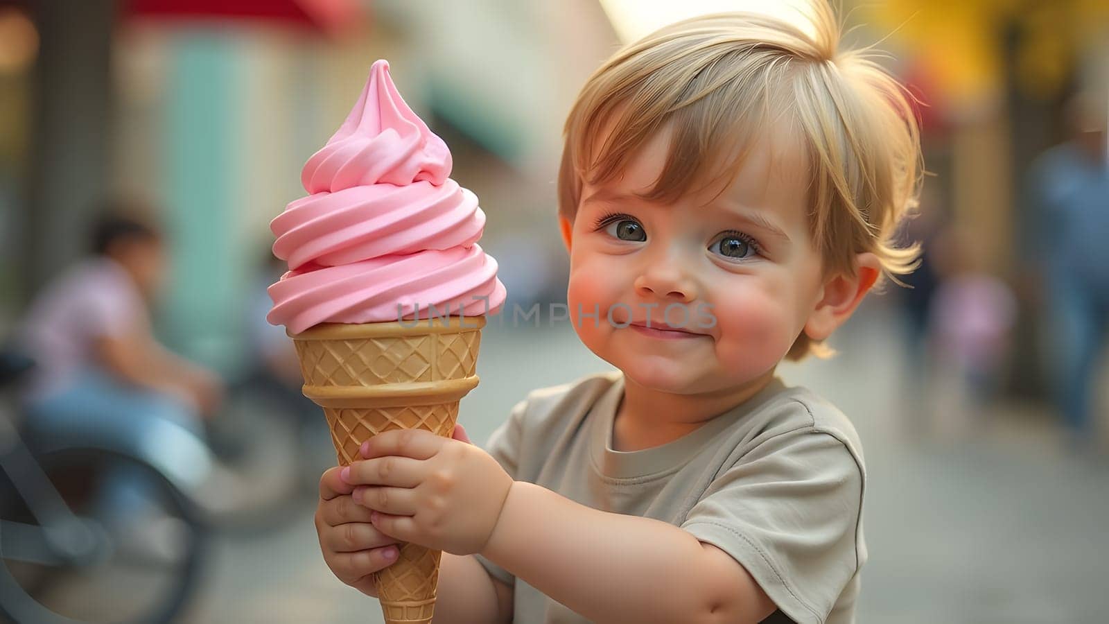 happy small boy with huge ice cream cone, generative ai. High quality photo