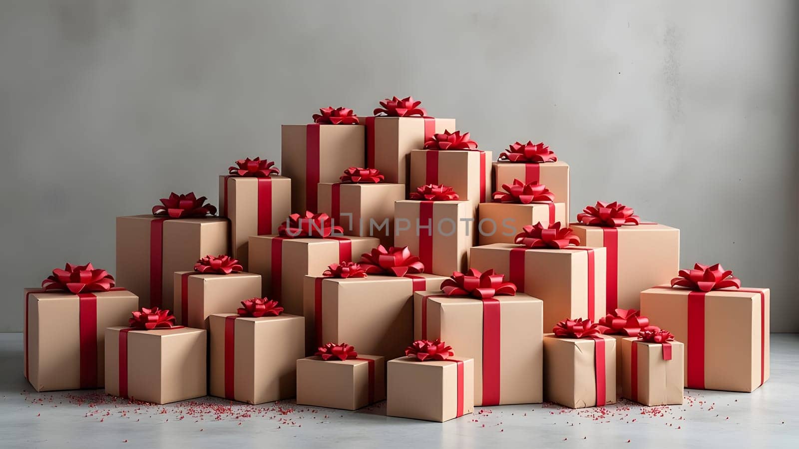 pile of wrapped christmas gifts on blue background, generative ai. High quality photo