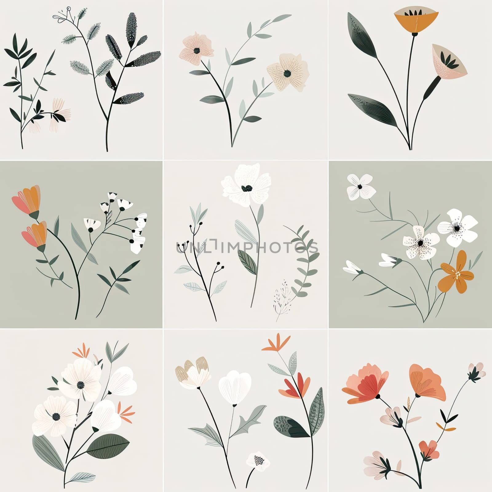 This artwork features an arrangement of nine different floral illustrations, each displaying unique plant designs in muted colors, creating a serene visual experience.