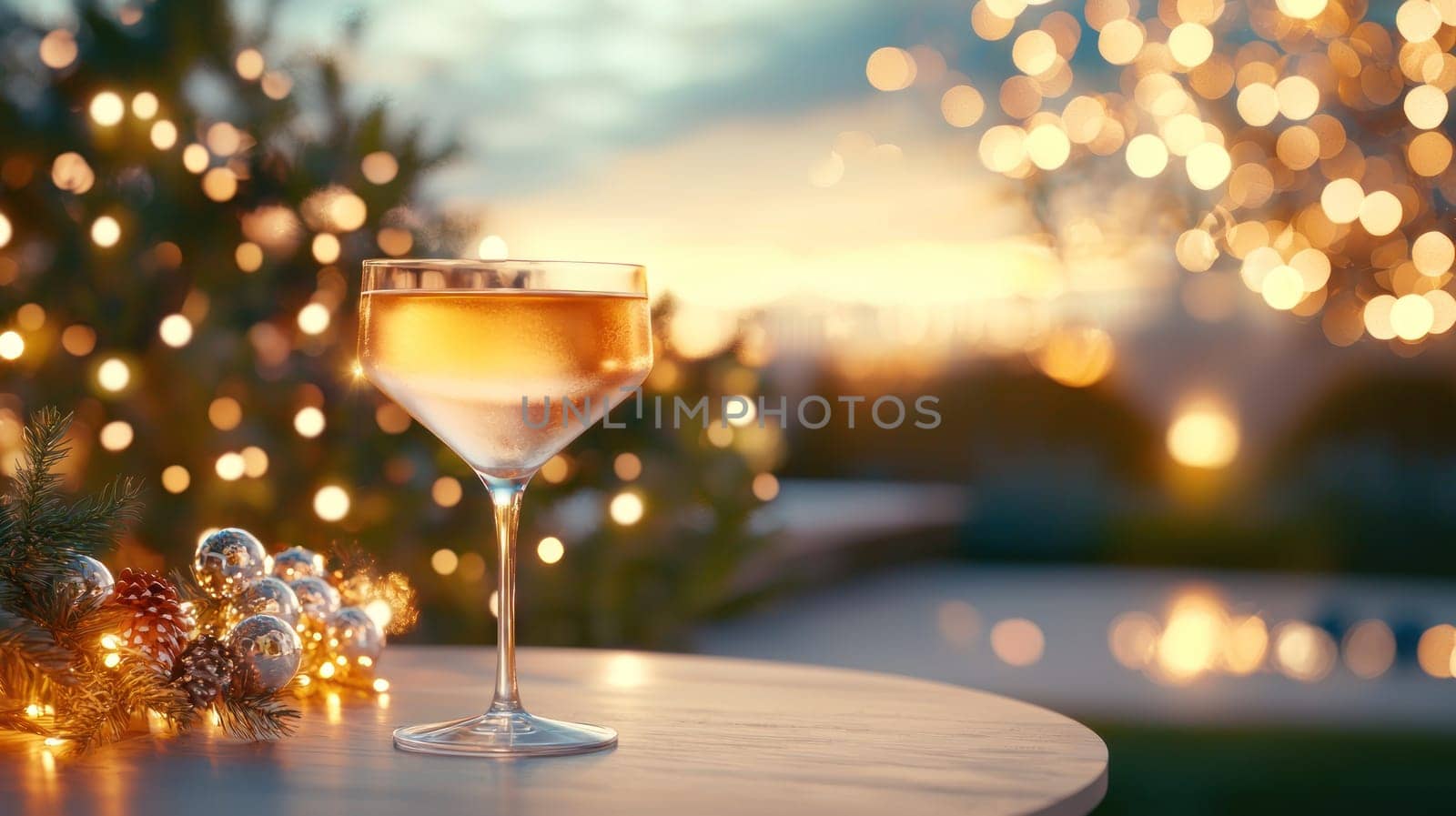 festive outdoor scene featuring cocktail glass with sparkling lights.