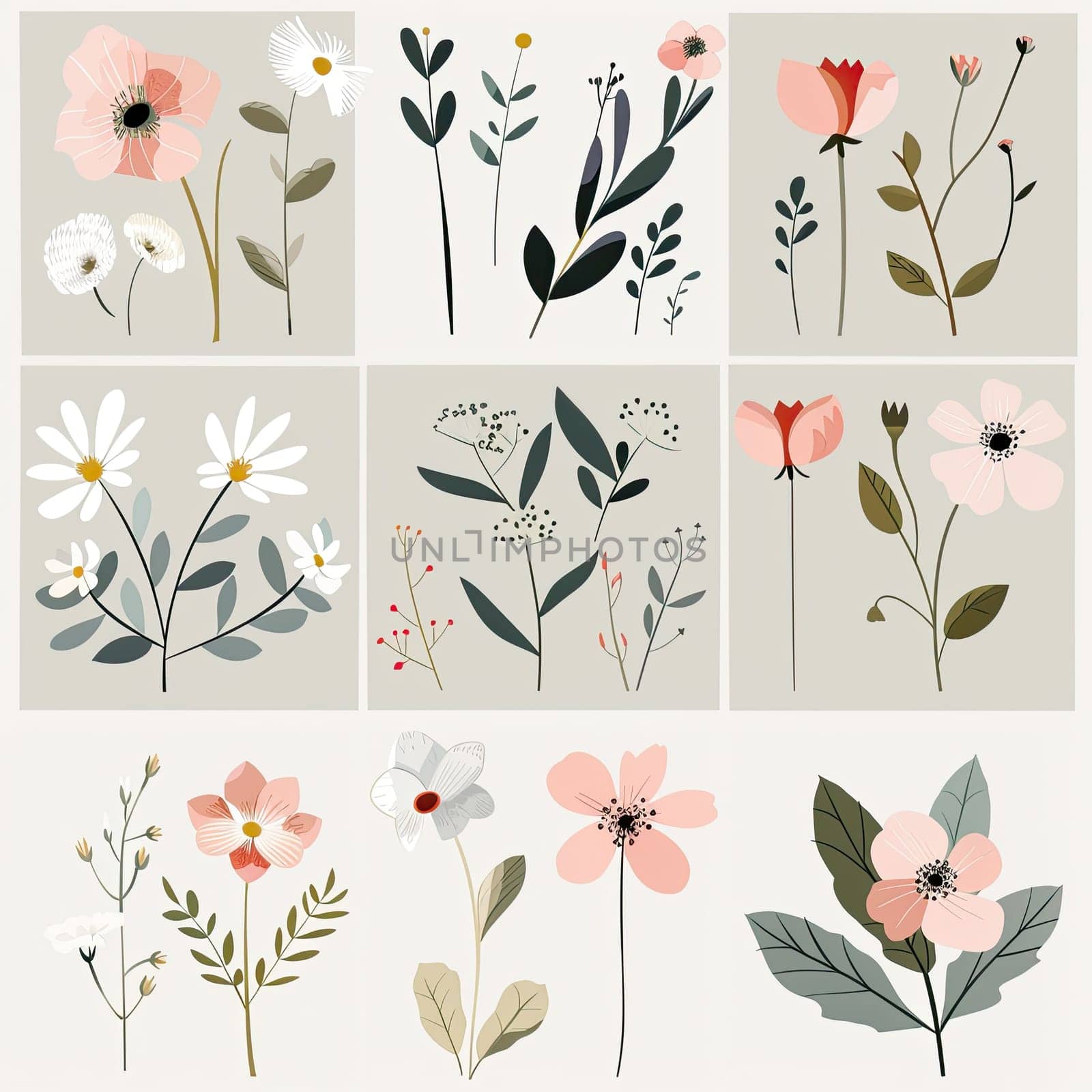 This artwork showcases an array of floral illustrations, including daisies, roses, and delicate stems, all rendered in soft pastel hues against a light background.