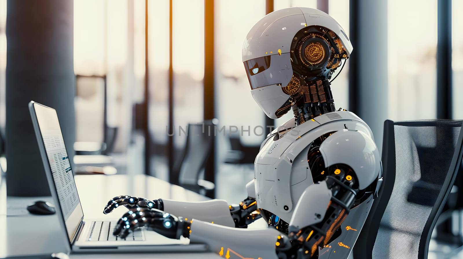A humanoid robot is seen typing on a laptop, demonstrating advanced technology in a contemporary office setting, generative ai