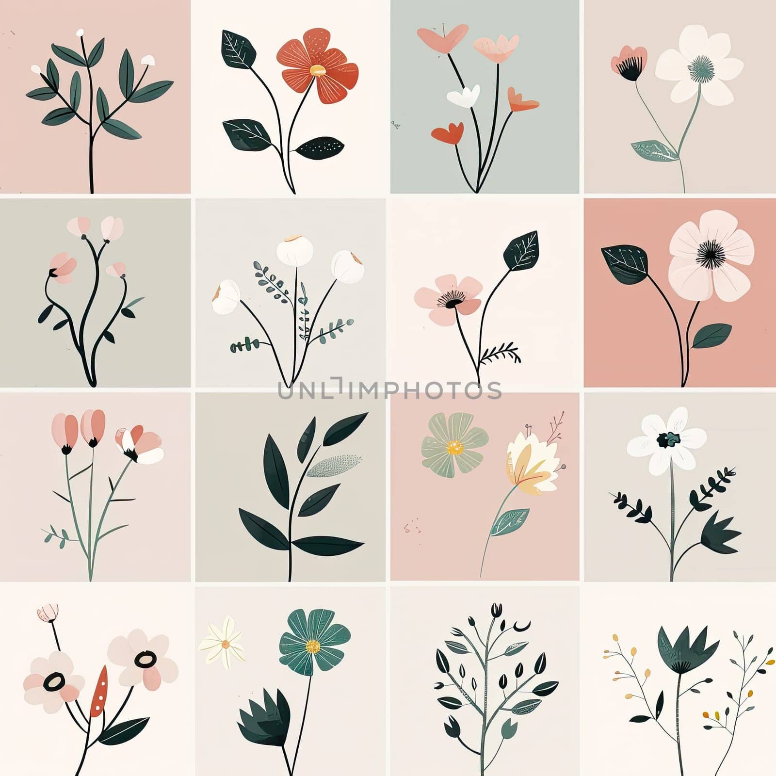 This artwork features a grid of colorful floral designs, highlighting diverse flowers in soft hues with simple yet elegant botanical illustrations, creating a tranquil visual experience.