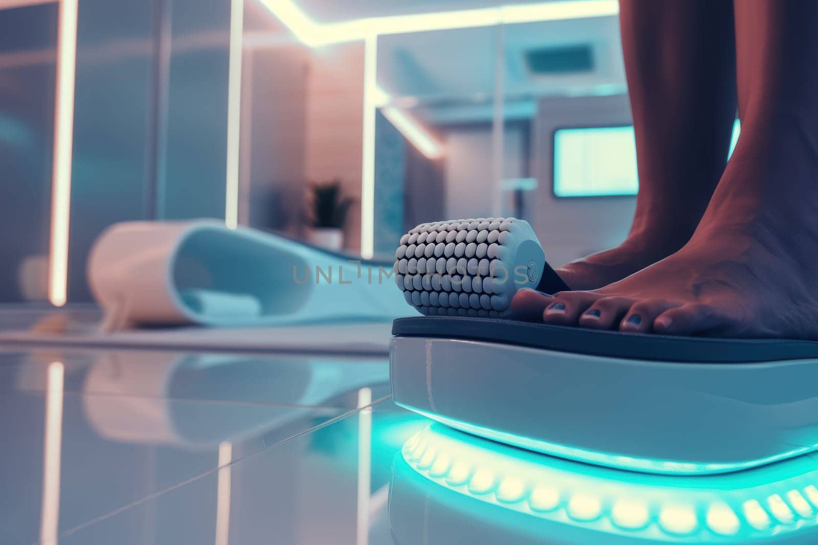 A close-up view of a foot using an arthritis relief roller in a sleek, modern spa environment. the soothing setting emphasizes relaxation and therapeutic care, featuring clean lines and ambient lighting for a calming experience.