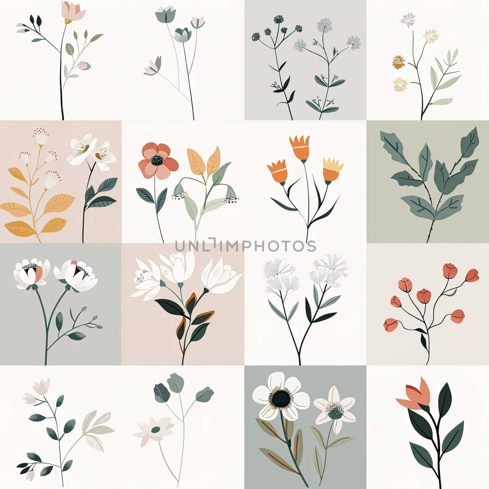 This artwork showcases a variety of hand-drawn floral illustrations in soothing pastel tones, arranged in a geometric pattern on a light, neutral backdrop.