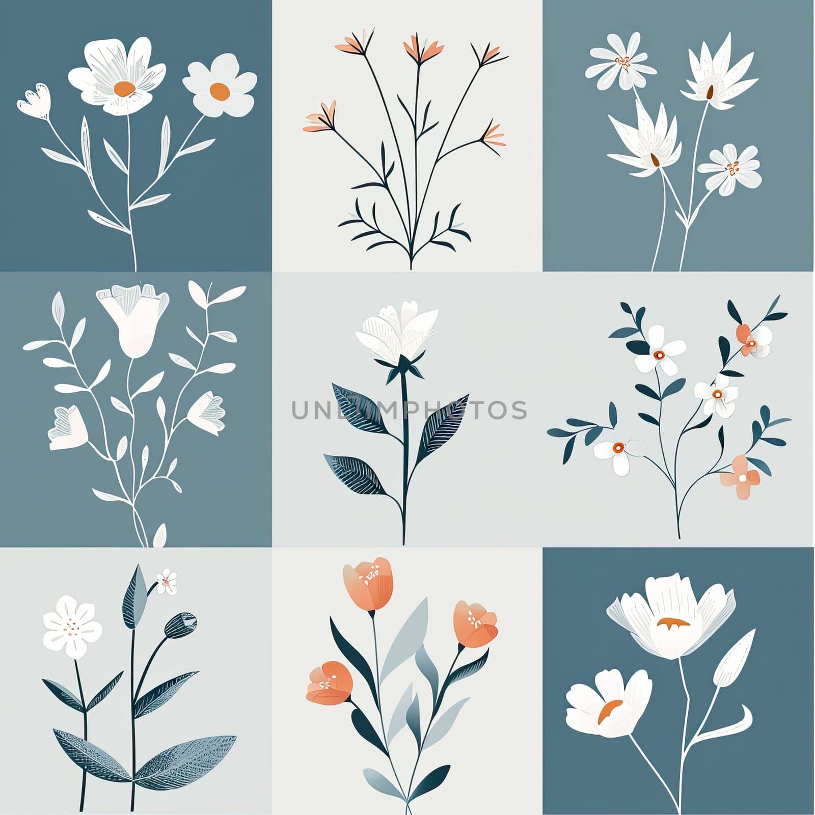 A vibrant arrangement features different floral designs in a nine-panel layout, highlighting various flowers against a minimalist light blue backdrop, creating an artistic feel.