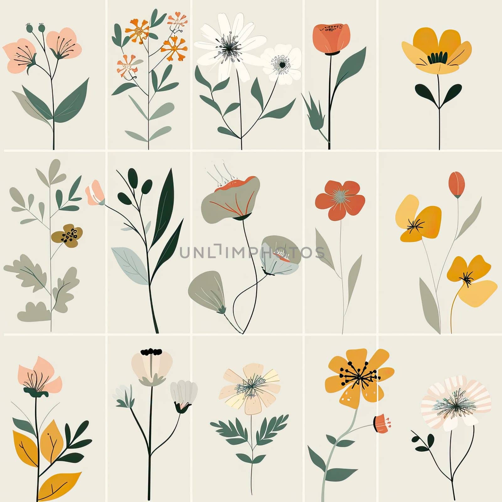 A vibrant assortment of hand-drawn flowers is neatly organized in a grid, featuring various shapes and colors against a soft background. Each flower adds unique charm to the composition.