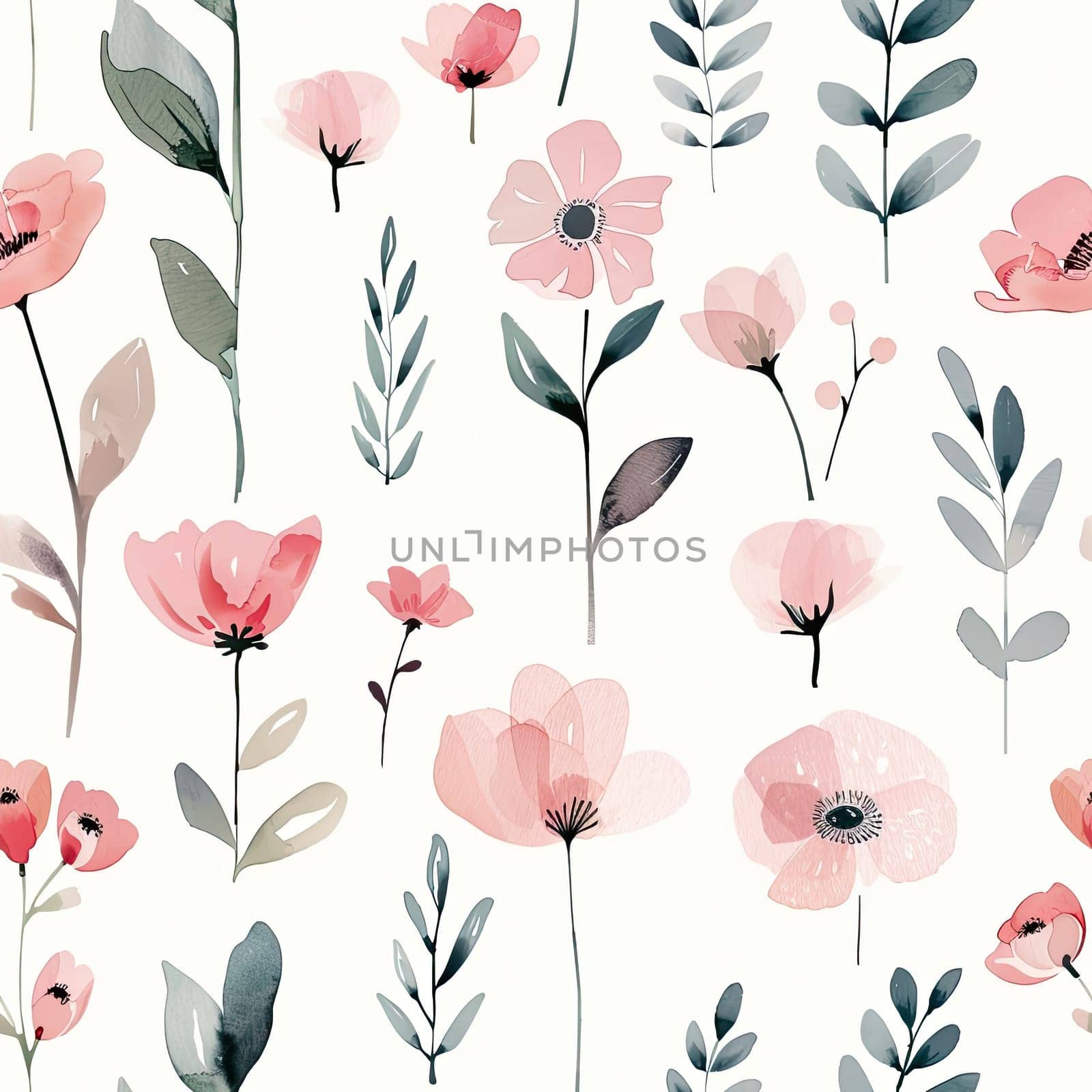 A vibrant assortment of watercolor flowers and leaves in shades of pink and green fills the background, creating an elegant and fresh botanical design.