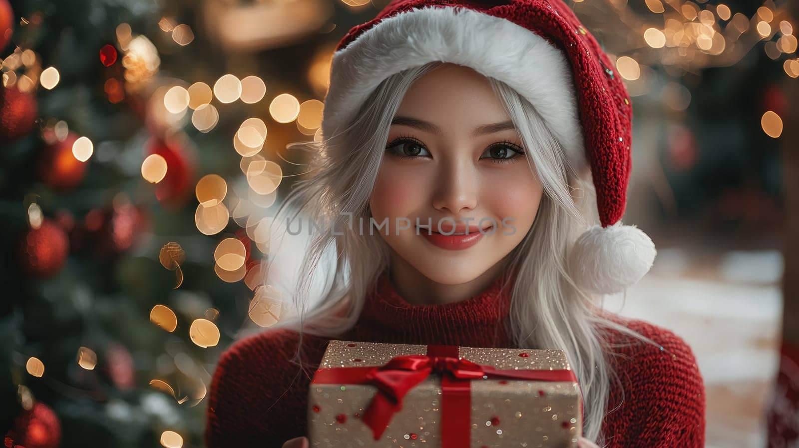 joyful girl with white hair wearing Santa hat holds gift.