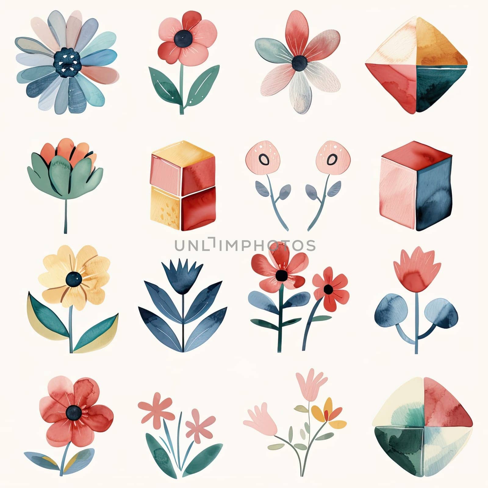 A collection of vibrant watercolor flowers and geometric shapes displayed in a harmonious layout, showcasing artistic creativity and design.