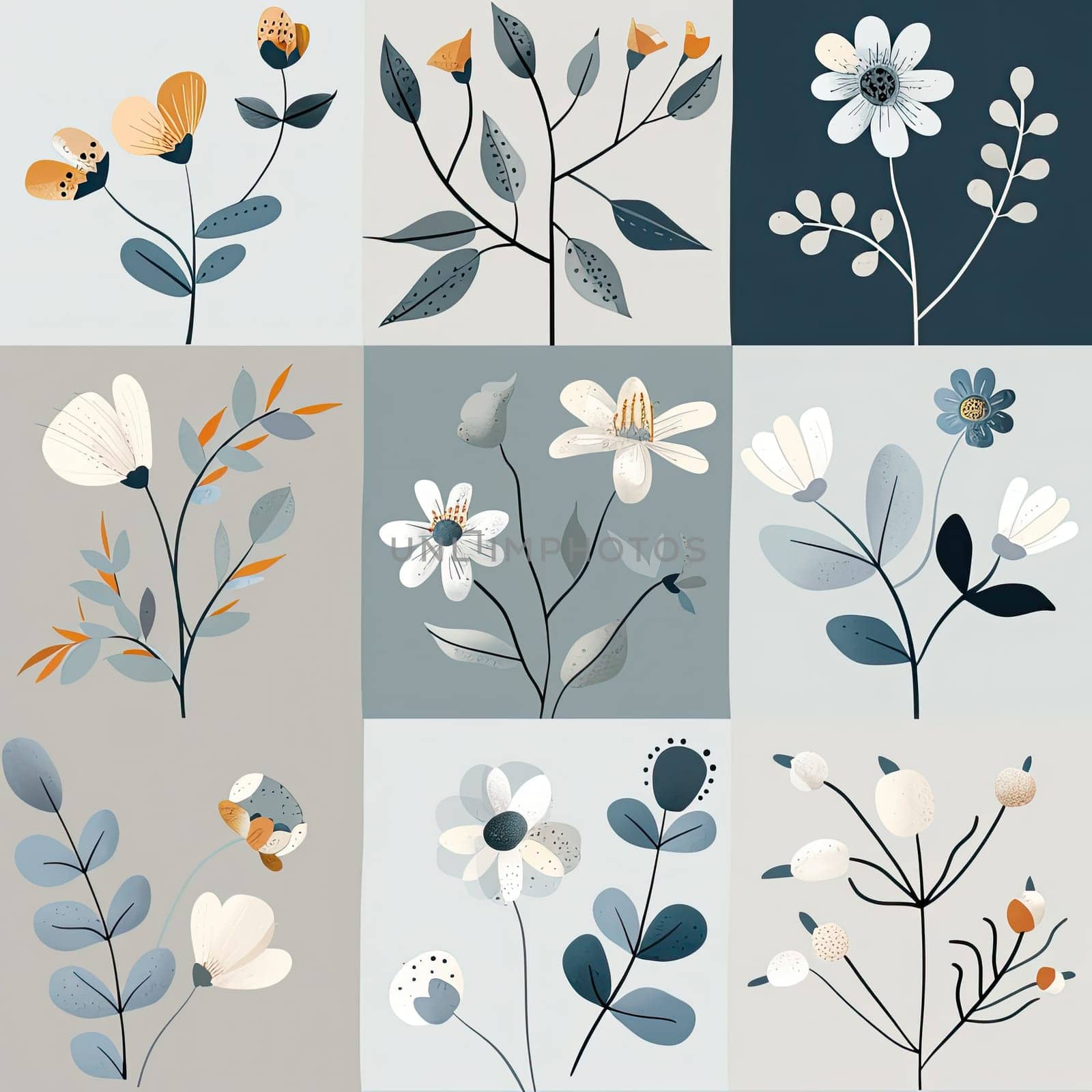 This artwork displays a grid of beautifully rendered flowers and plants in soft colors, emphasizing nature's diversity and artistic creativity in floral design.