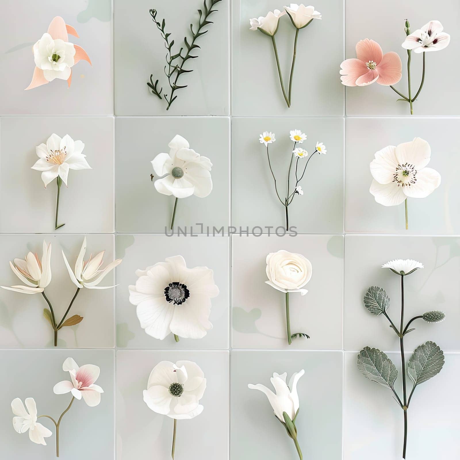 A variety of flowers are beautifully arranged in a grid, displaying an assortment of colors and textures that highlight their natural elegance and intricate details.