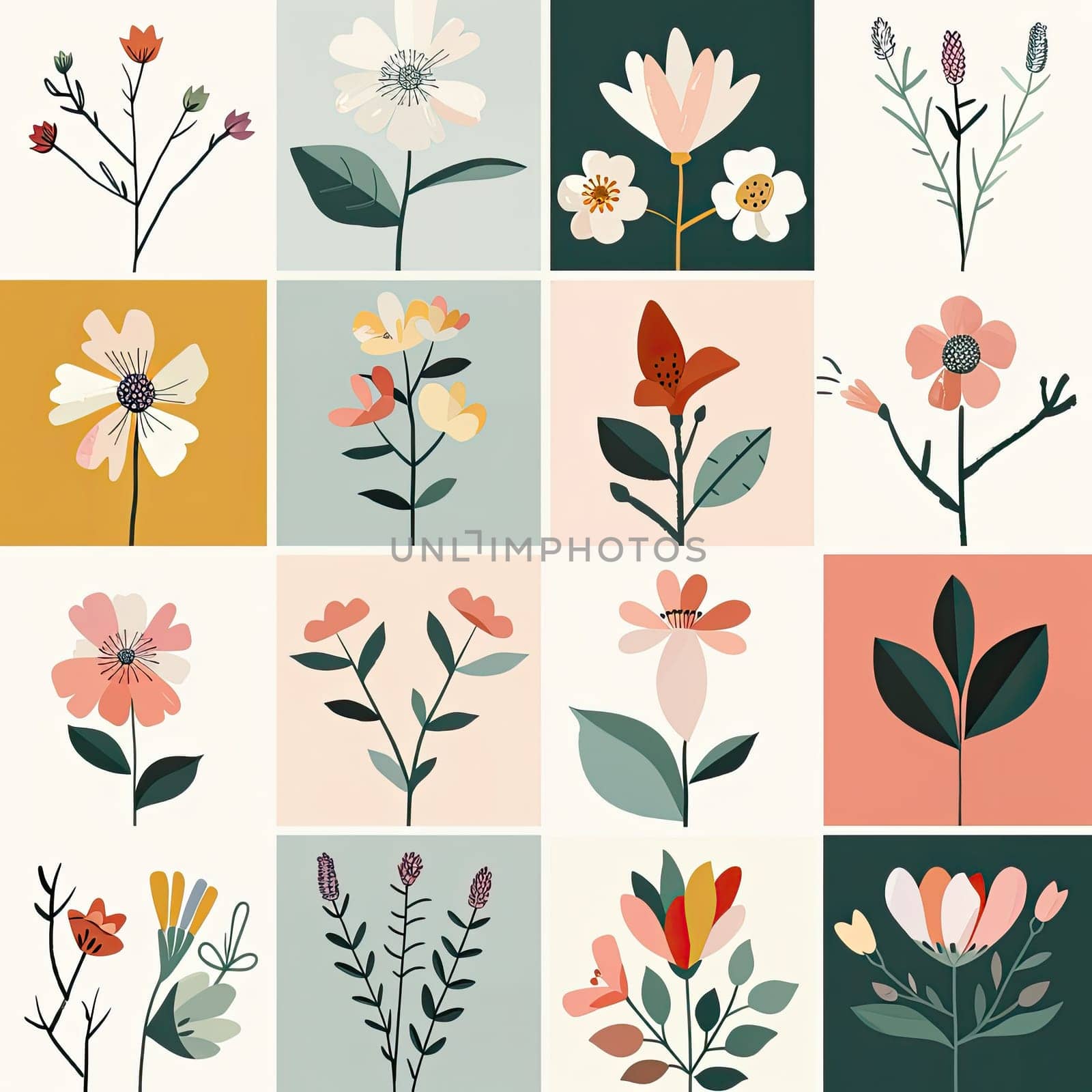 A grid of colorful flower illustrations features a variety of blooms, showcasing artistic designs with different shapes and hues across a light background.