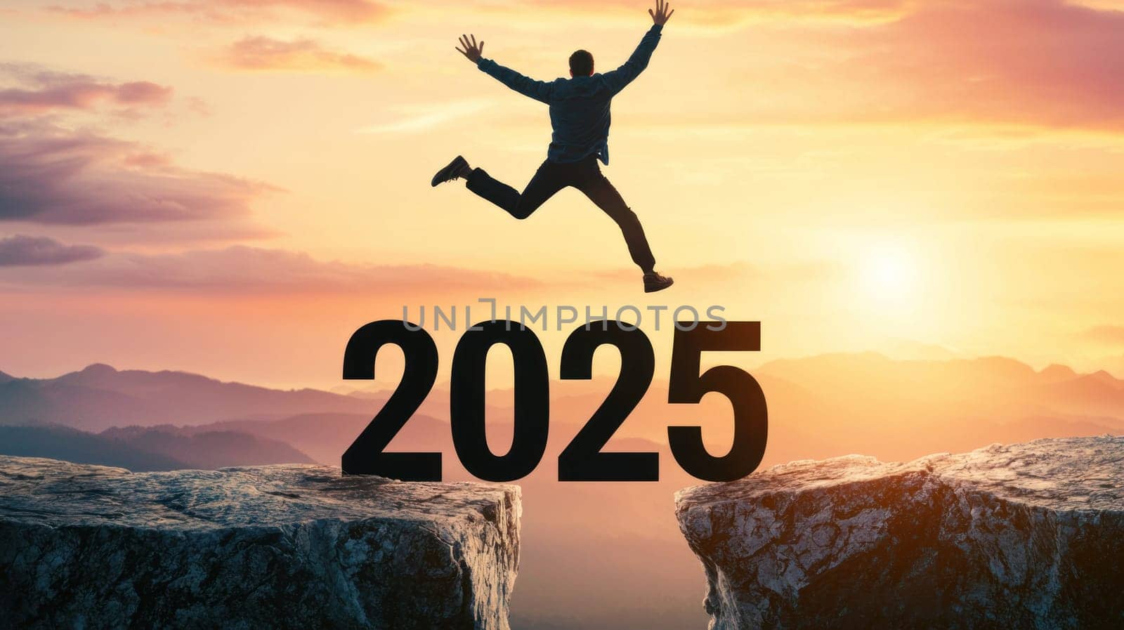 Man jumping over gap towards year 2025, symbolizing ambition and hope.