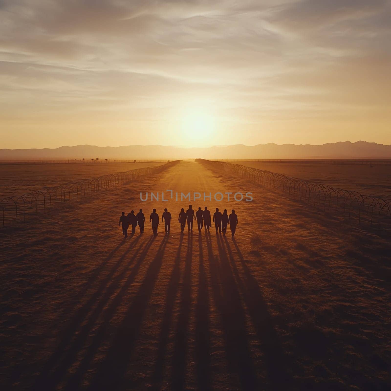 Crossing Borders with Hope: A group of people walking through a barren desert towards a distant border at sunset, their elongated shadows trailing behind. Their faces show exhaustion and hope, while a barbed wire fence or a physical barrier stretches across the horizon.