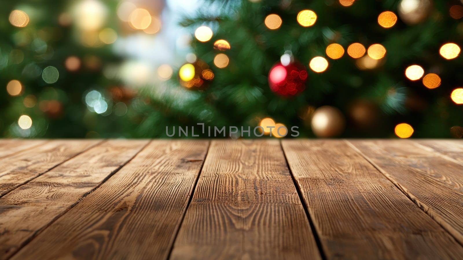Bright wooden table with festive Christmas background, perfect for holiday gatherings.
