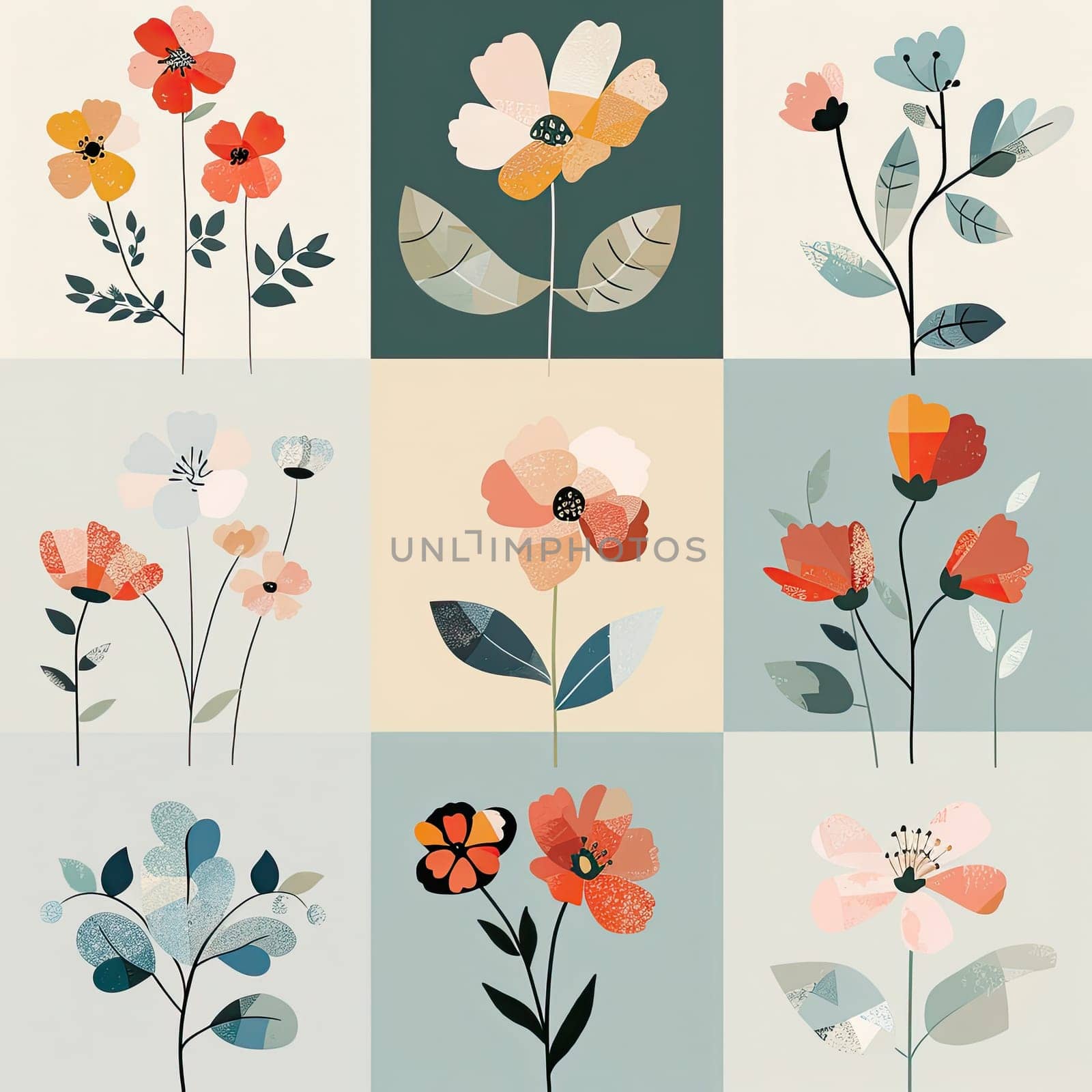 A collection of nine floral illustrations features colorful flowers and foliage arranged in a grid, showcasing artistic styles with both soft and bold elements.