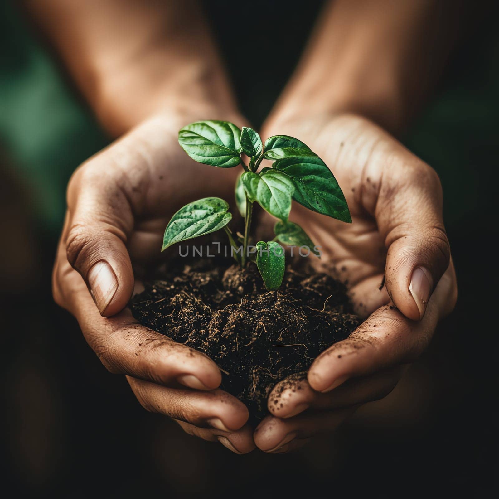 A close-up of hands holding a small green plant with soil, symbolizing environmental sustainability and growth, soft natural light, focus on detail, earthy tones, clean background, high-resolution image