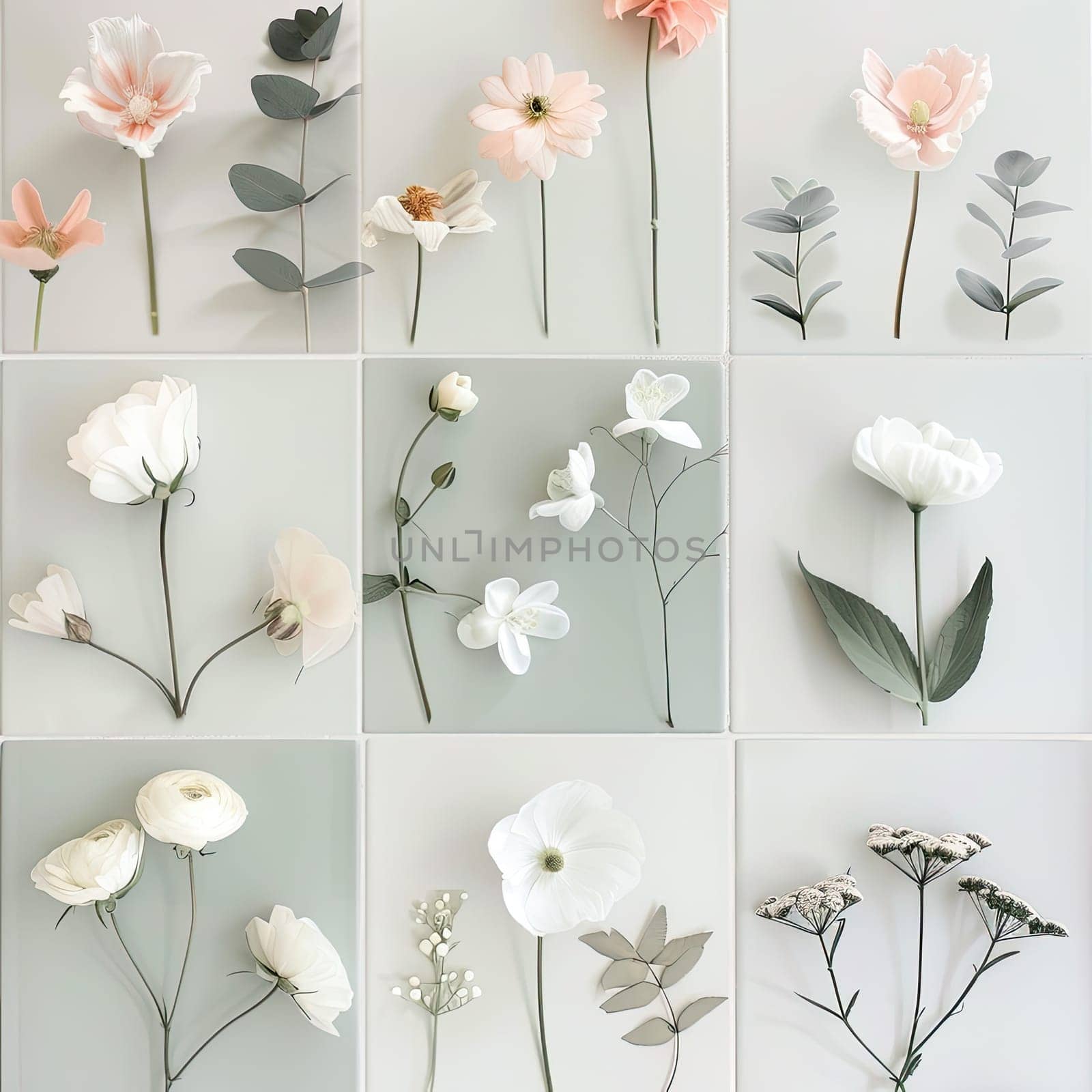 Various types of flowers are arranged in a grid format, highlighting their unique shapes and colors against a soft background, creating an elegant and serene display.