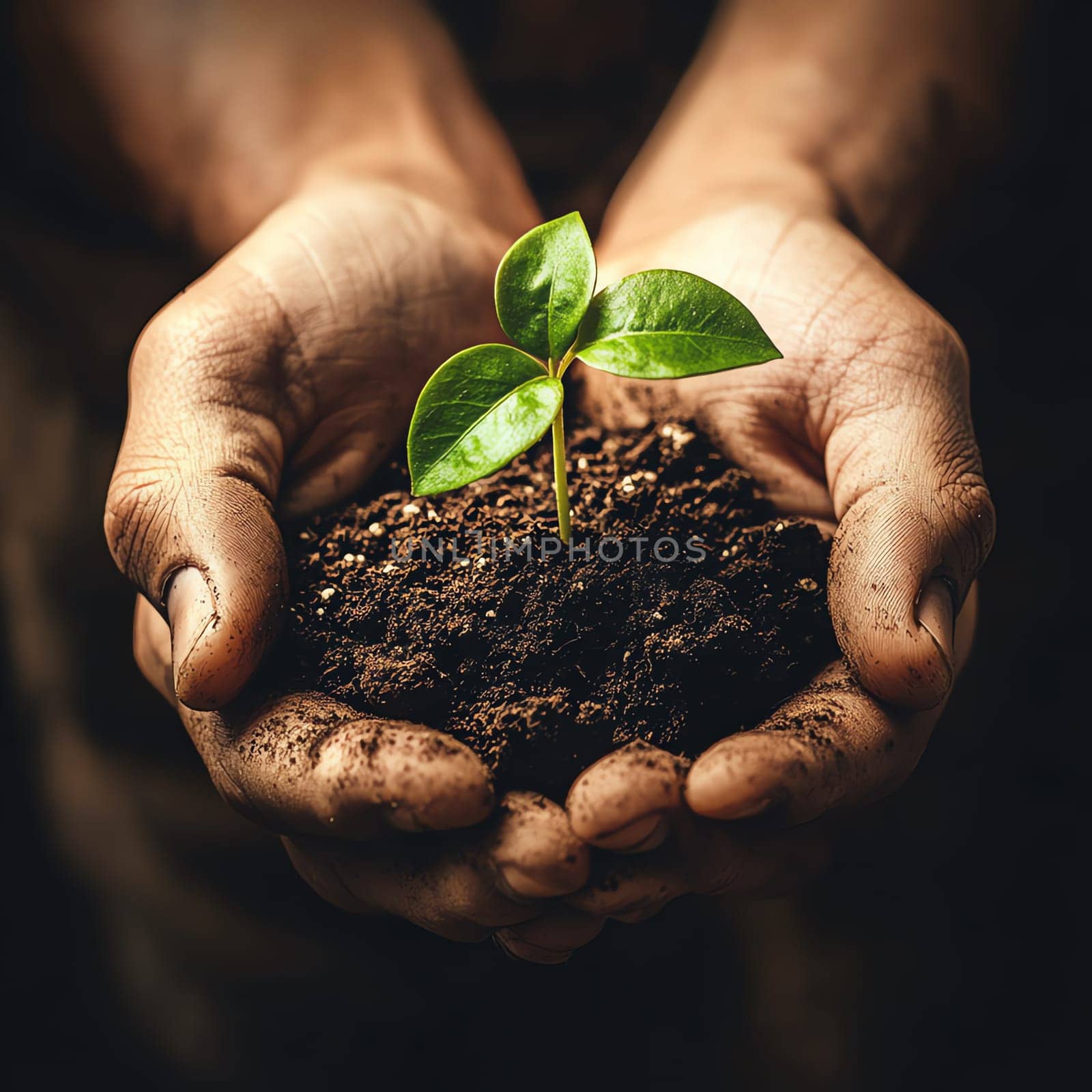 A close-up of hands holding a small green plant with soil, symbolizing environmental sustainability and growth, soft natural light, focus on detail, earthy tones, clean background, high-resolution image