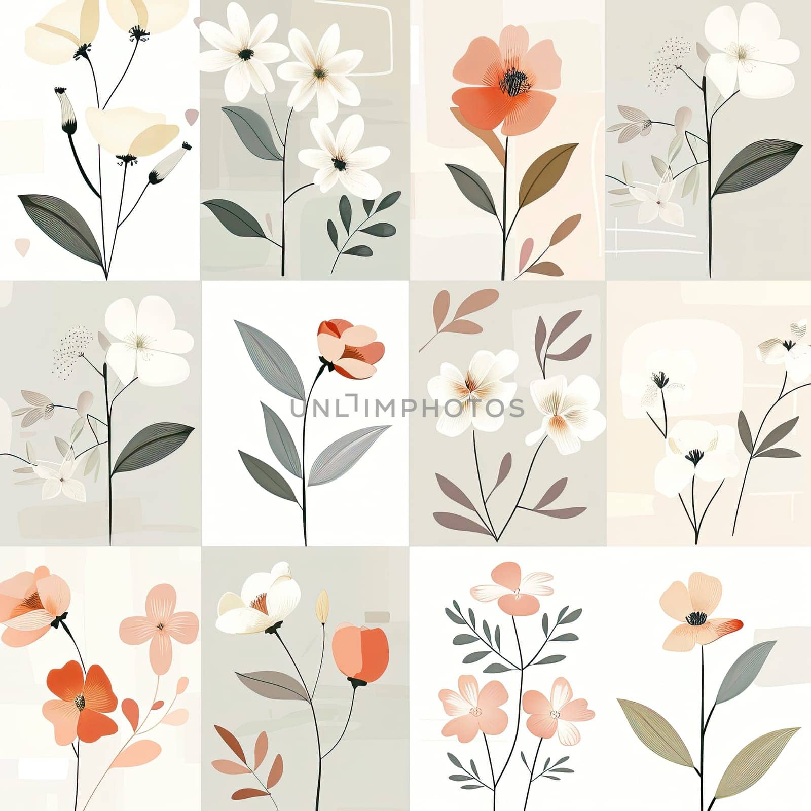 The artwork displays an array of floral designs in muted tones, showcasing stylized flowers and leaves arranged in a grid pattern, ideal for contemporary interior spaces.