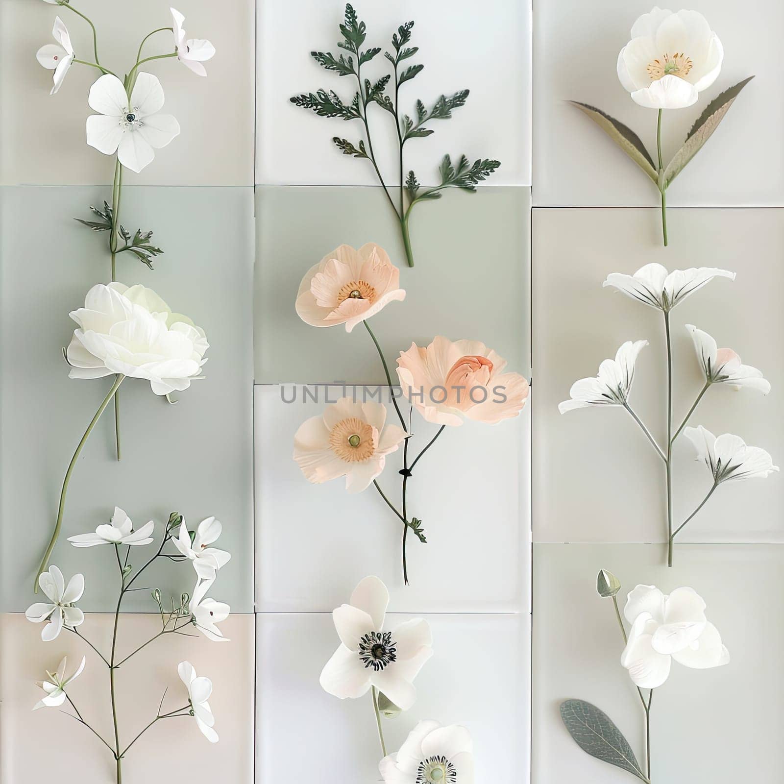 A variety of delicate flowers are artistically arranged on softly colored tiles, showcasing their beauty and natural forms. The subtle colors create a peaceful ambiance.