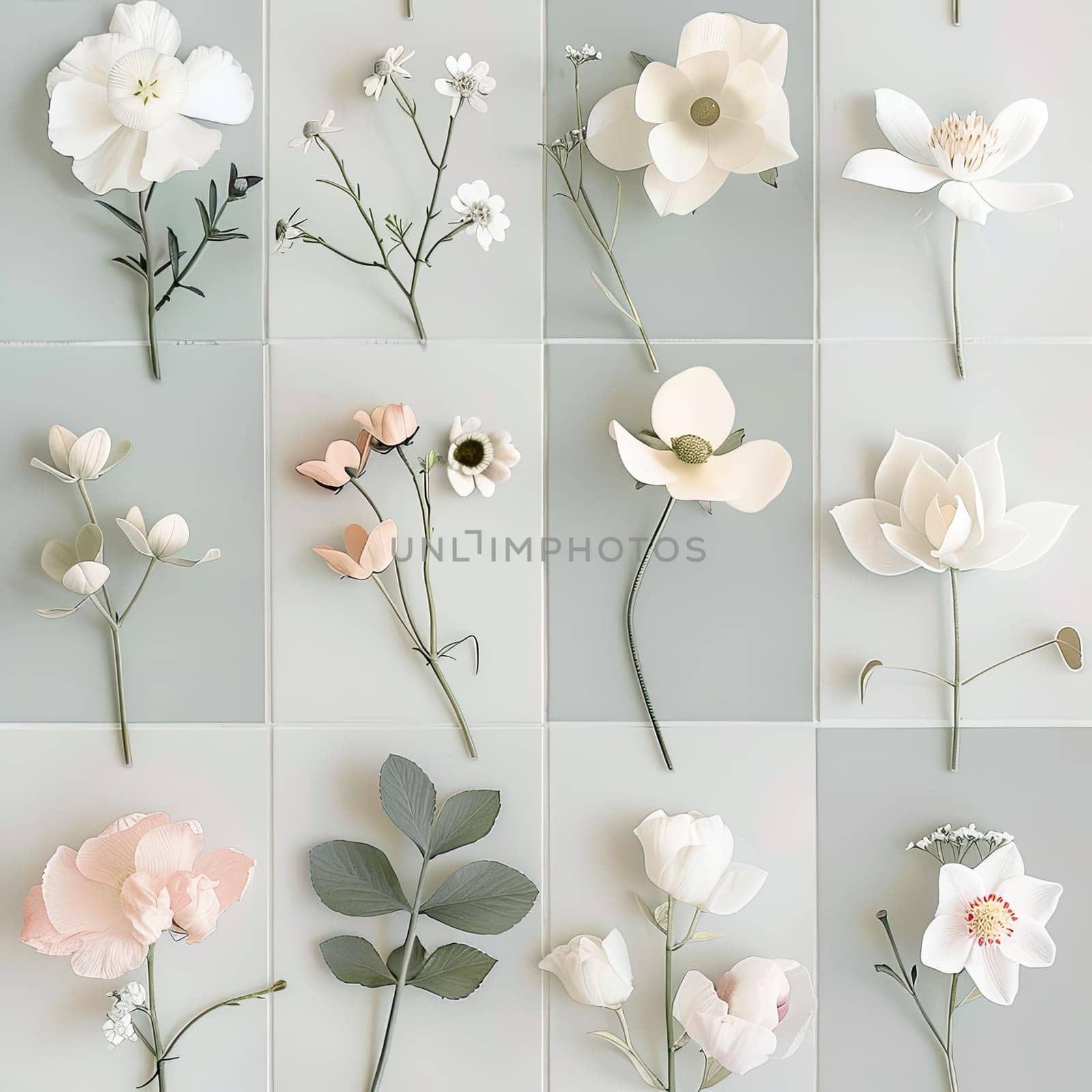Various delicate white and pastel flowers are artistically arranged against a light backdrop, highlighting the beauty of nature through their intricate designs and soft hues.