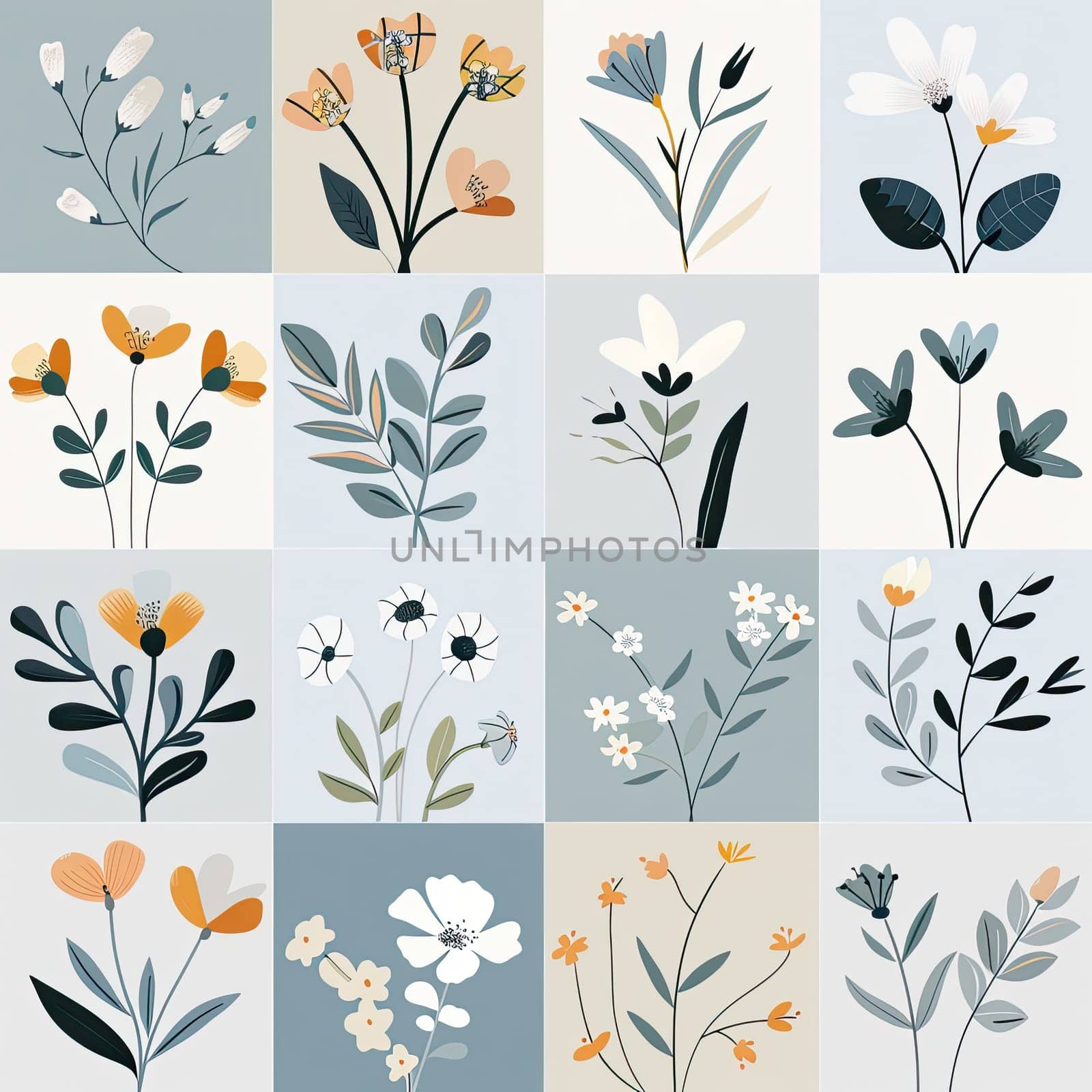 This artwork showcases a grid of floral illustrations, highlighting diverse plants and flowers in soft colors. The design captures a modern aesthetic, celebrating nature's beauty.