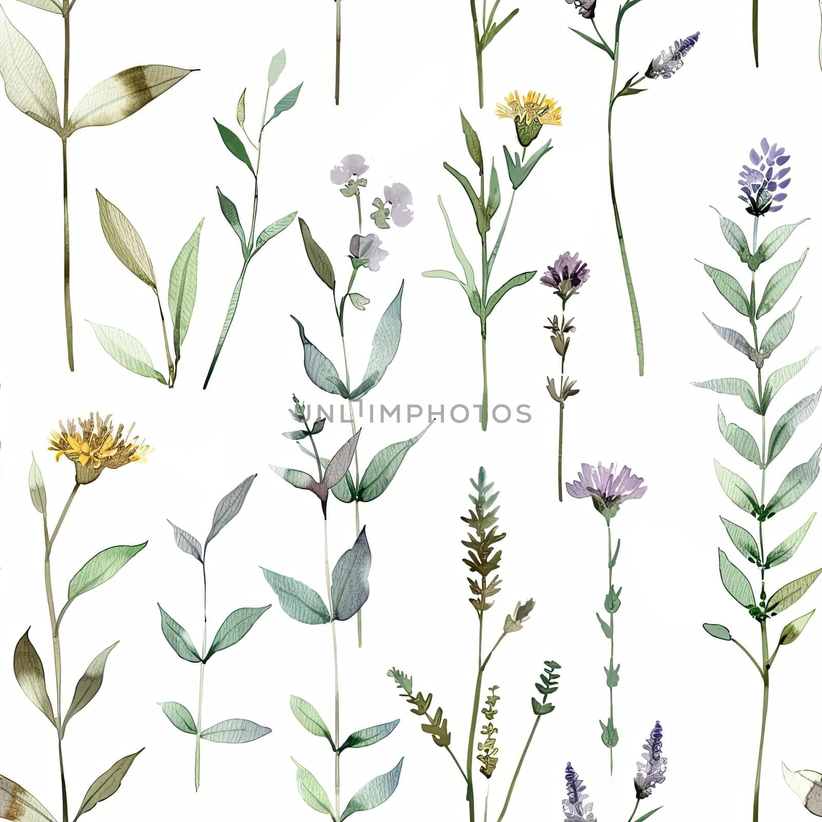 This artwork features an array of botanical elements, including green leaves and vibrant flowers, elegantly arranged against a clean white backdrop, highlighting natural beauty.
