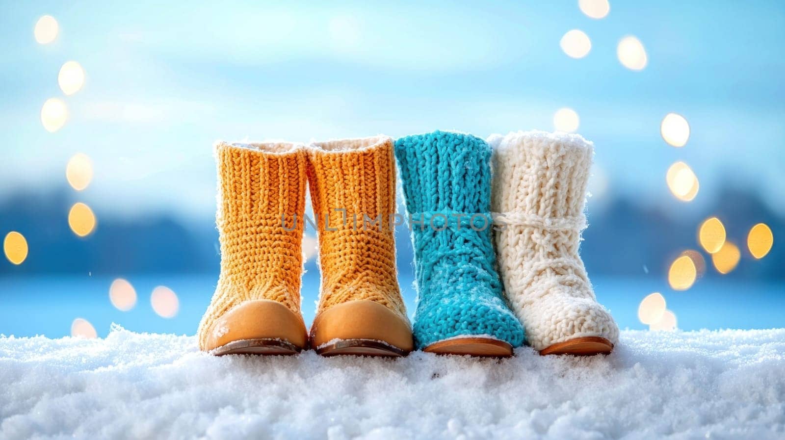 Cozy winter boots in vibrant colors stand out against snowy backdrop.