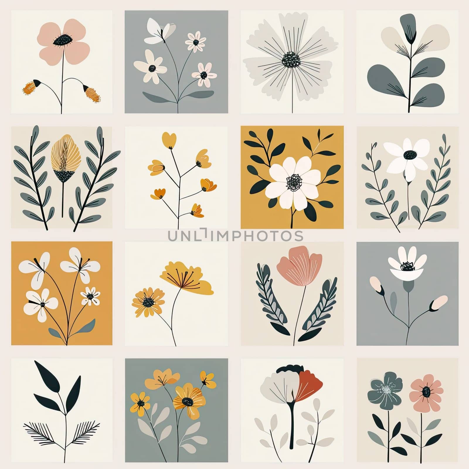 This collage showcases a variety of floral illustrations arranged in a grid, highlighting diverse flowers, leaves, and color palettes of muted earth tones.