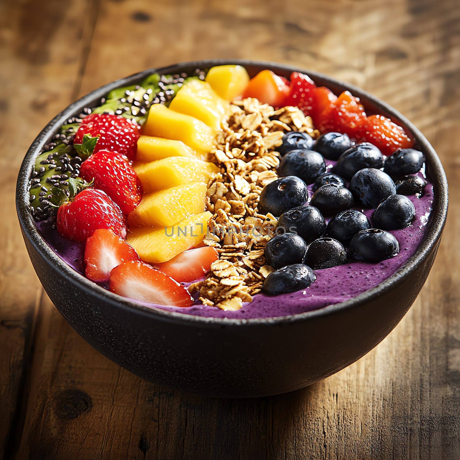 A close-up of a colorful smoothie bowl with fresh fruits, seeds, and granola, placed on a wooden table with a natural light background, vibrant colors