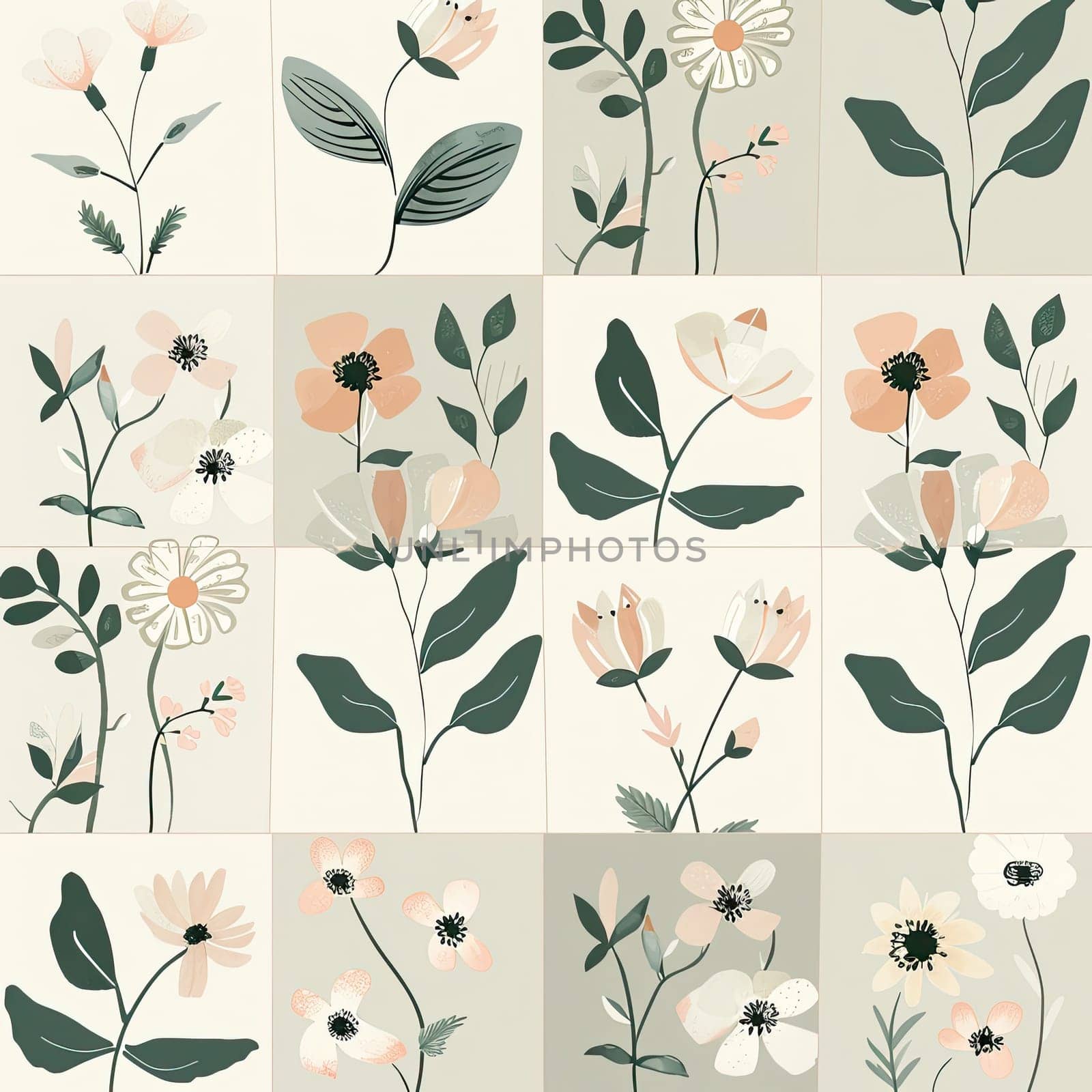 A collection of vibrant botanical illustrations showcases various flowers and leaves arranged in a neat grid, set against a soft, neutral backdrop.