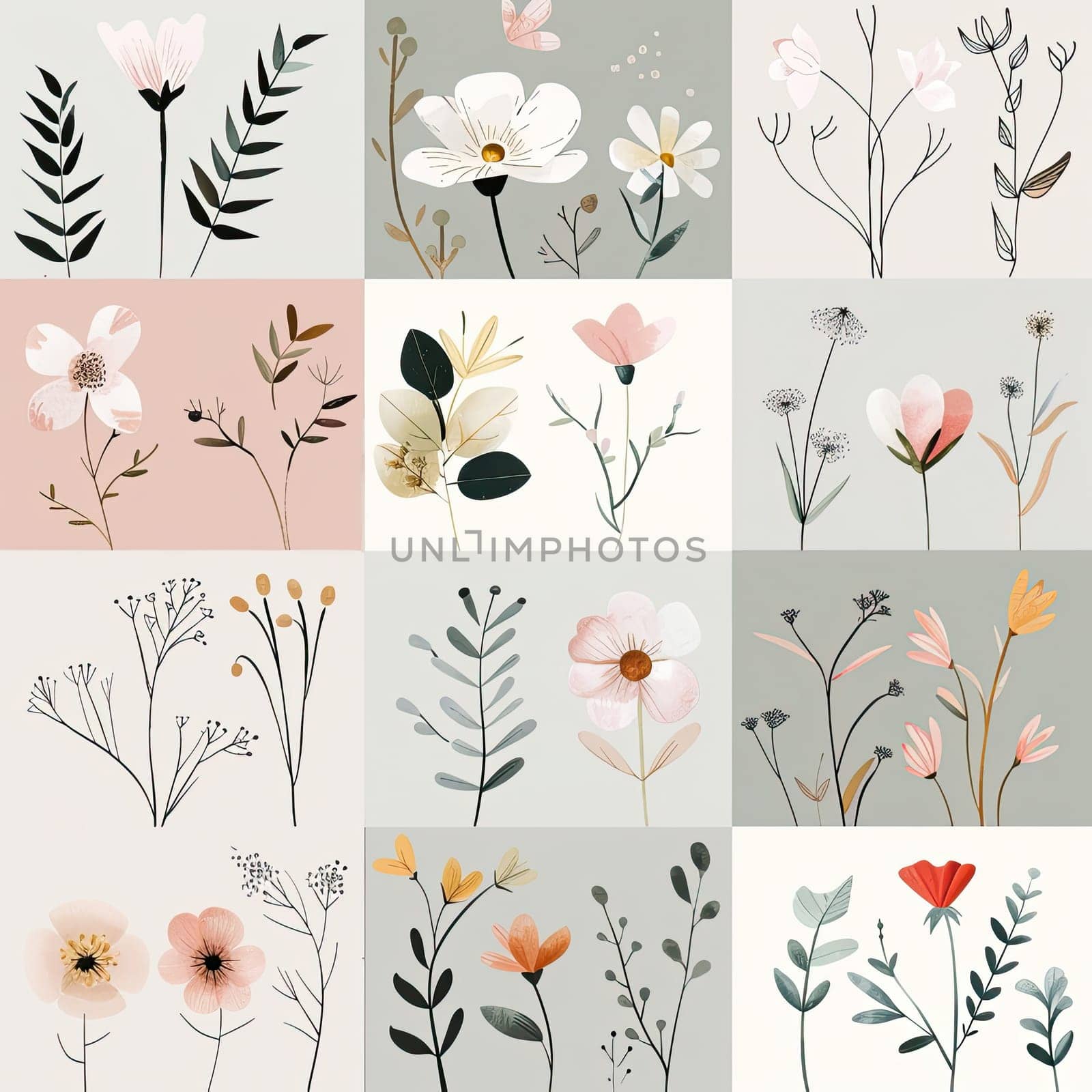 This collection features an array of delicate floral illustrations with varying colors, elegantly displayed on a soft pastel backdrop, evoking nature's beauty.
