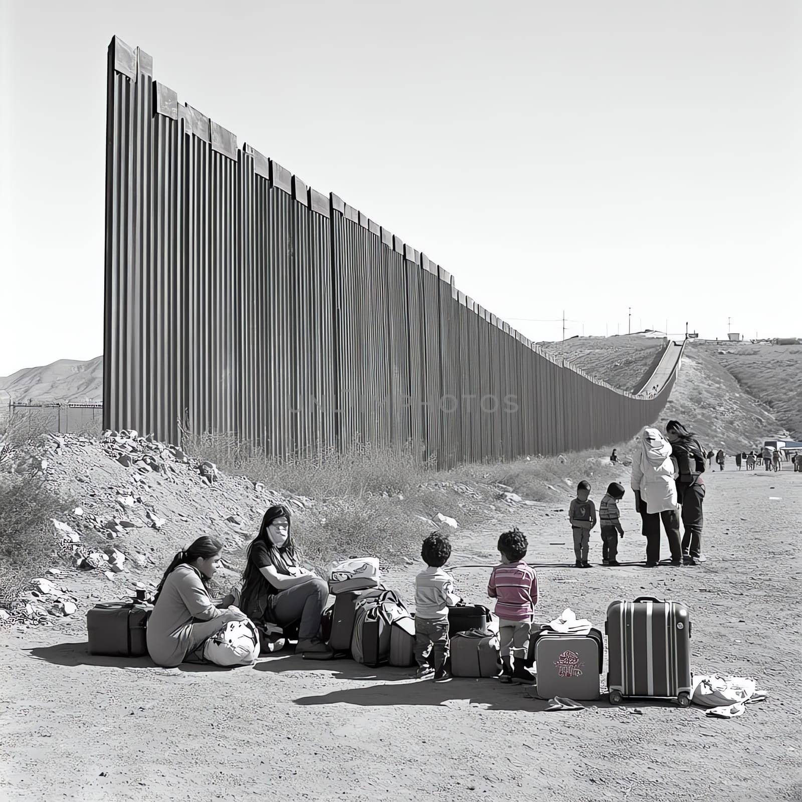 Refugees and the Border Wall: Families of refugees gathered near a tall and menacing fence at a border crossing, with suitcases and few belongings by their side. Children play innocently on the ground while adults gaze worriedly at the fence.