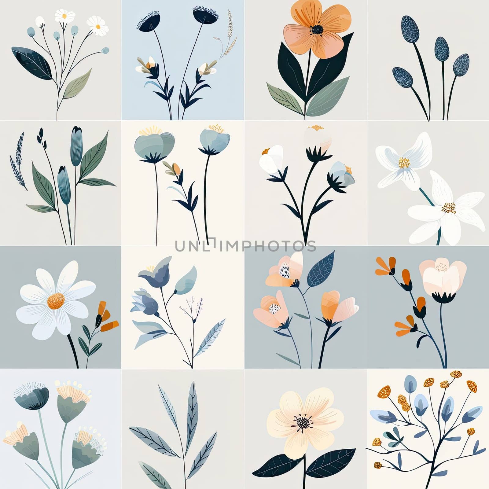 This vibrant array showcases beautifully illustrated flowers and plants, combining diverse colors and shapes to create an eye-catching artistic display.