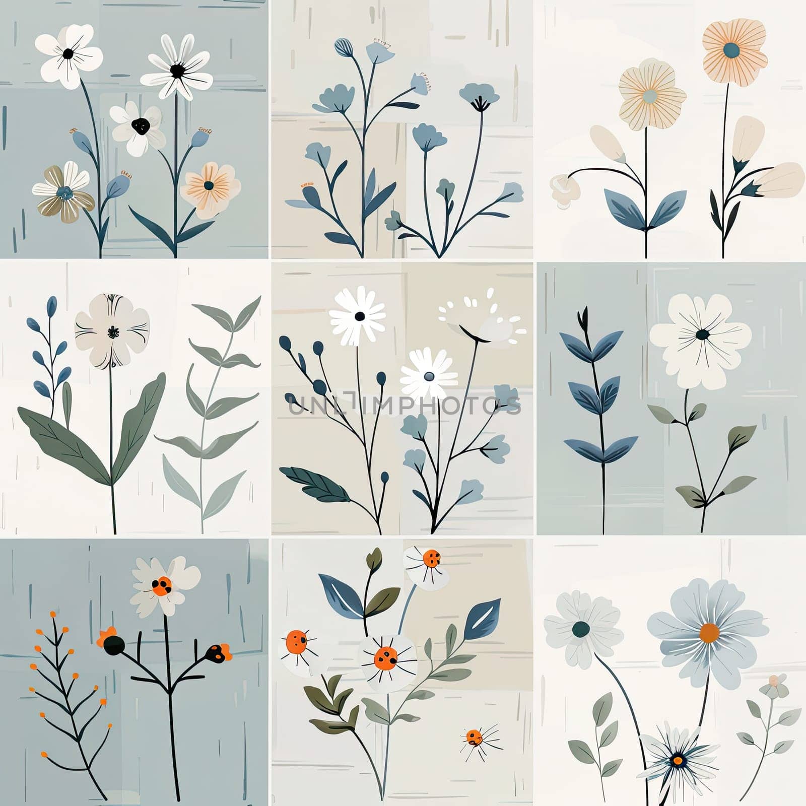 The artwork showcases nine floral illustrations arranged in a grid, highlighting various delicate flowers and leaves in soothing pastel shades, ideal for home decor.
