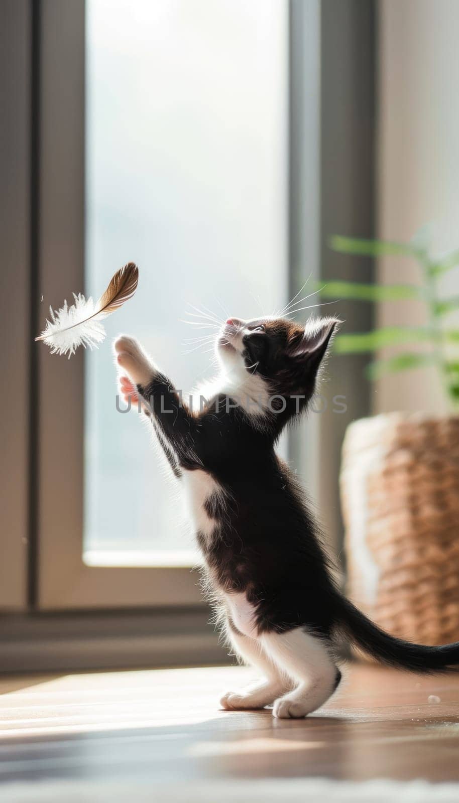 A black and white kitten energetically leaps to catch a feather toy against a bright, modern interior backdrop. the scene captures youthful exuberance and is perfect for pet-themed designs or playful decor.